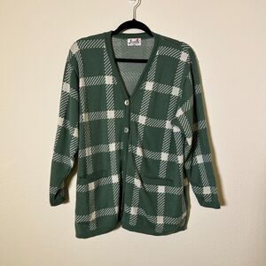 Vintage Green Plaid Marino Wool‎ Cardigan
